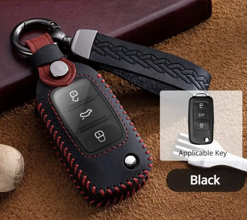 Volkswagen key cover - Zwart/rood Sleutelhoesje Geschikt voor Volkswagen Kever, Caddy, Tiguan, Touran, Arriba, Eos, Golf, Jetta, Polo, Scirocco - Keycover - Auto Accessoires - leer - keycover - detail-shop